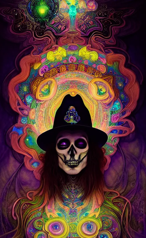 Image similar to An extremely psychedelic celestial undertaker in his black fedora hat, colorful, surreal, dramatic lighting, magic mushrooms, psilocybin, LSD, face, detailed, intricate, elegant, highly detailed, digital painting, artstation, concept art, smooth, sharp focus, illustration, art by Krenz Cushart and Artem Demura and alphonse mucha