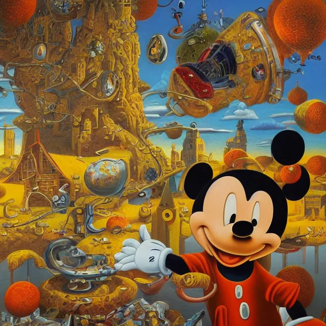 Image similar to an oil on canvas portrait painting of mickey mouse, surrealism, surrealist, cosmic horror, rob gonsalves, high detail