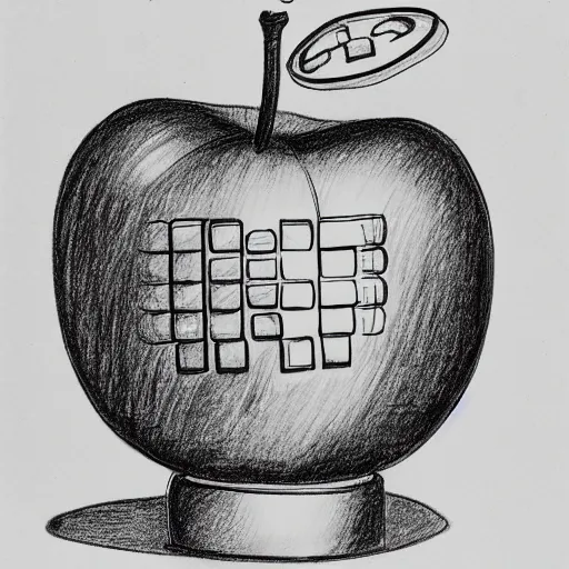 Image similar to line art drawing of a mechanical apple transforming into a robot, pencil on paper, high-resolution