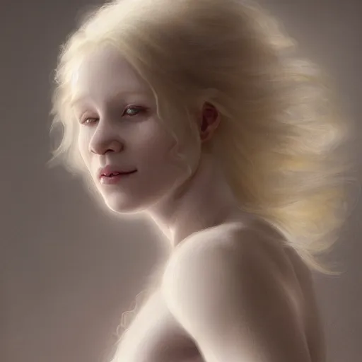 Image similar to A pregnant albino woman with closed eyes smiling, very detailed sharp angular masculine face, hooked nose and square jaw long fluffy curly blond hair, (12x) extremely pale white skin, light blond hair, gorgeous, beautiful, intricate, highly detailed, digital painting, artstation, concept art, sharp focus, illustration, art by greg rutkowski and alphonse mucha