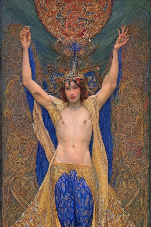 Prompt: coronation of the flower prince, by Annie Swynnerton and jean delville and Nicholas Roerich, embroidered brocade, tattoos, elaborate costume, geometric ornament, symbolist, rich colors, dramatic lighting, smooth, sharp focus, extremely detailed