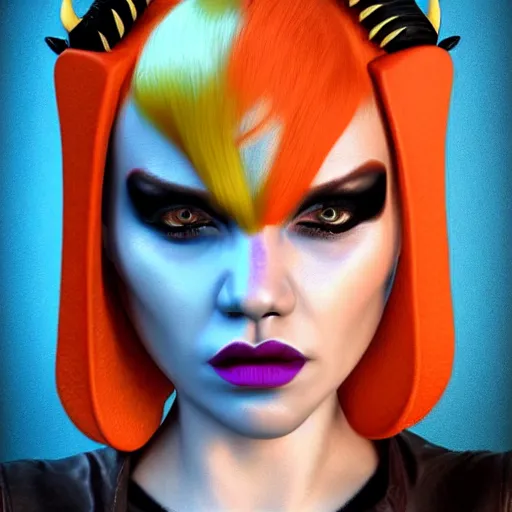 Prompt: illustrated realistic portrait of ram-horned devil woman with blue bob hairstyle and her tangerine colored skin and with <black evil eyes> wearing leather by artstation