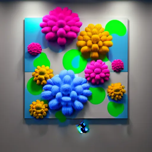 Image similar to : colorful abstract puffy floral sculpture art on the wall in modern architecture studio, cinematic lighting, hyper - realistic, detailed, render by c 4 d octane, unreal engine, 8 k 3 d render