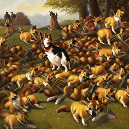 Image similar to painting of an army of avocado armchairs battling corgis riding corgis