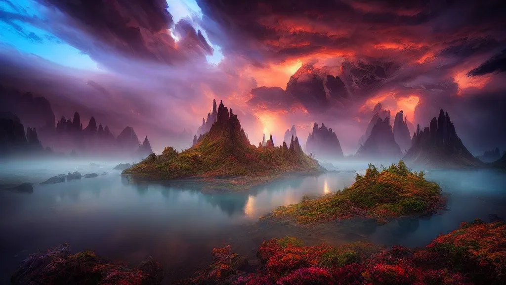 Prompt: amazing landscape photo of a fantasy world by marc adamus, beautiful dramatic lighting