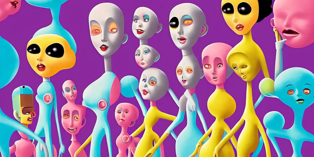 Image similar to Smooth Colorful Digital Painting by Mark Ryden in a 1950s atom-age Jetsons cartoon city, a group of 3D retro smiling dancing plastic children and robots, symmetrical faces; Photorealistic Wide-Shot Pixar RenderMan H 768