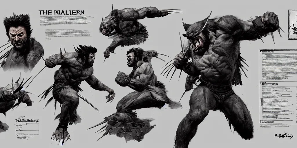 Image similar to the wolverine, character sheet, concept design, contrast, kim jung gi, greg rutkowski, zabrocki, karlkka, jayison devadas, trending on artstation, 8 k, ultra wide angle, pincushion lens effect