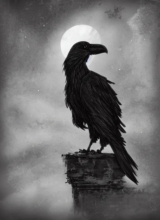 Prompt: a raven perched upon a windowsill at night in a gothic manor, black & white digital painting, trending on artstation