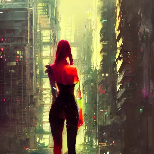 Prompt: back facing of a beautiful girl, cyberpunk, intimate, city, spotlight, passionate, by greg rutkowski, by jeremy mann, by francoise nielly,, 4 k,, correct body proportion