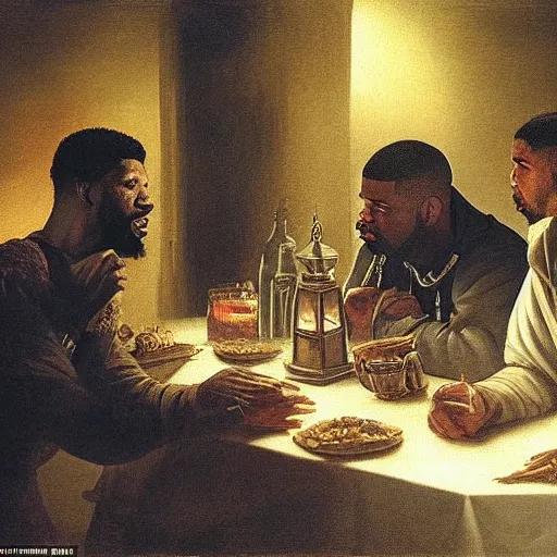 Image similar to 2 1 savage and 5 0 cent and drake huddled around a table with a lantern in a dark pub like in the denial of st. peter by gerard seghers