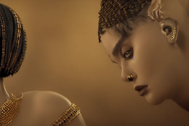 Image similar to a beautiful award winning photo of Cleopatra, golden hour, very detailed and sharp, 4k cinematic