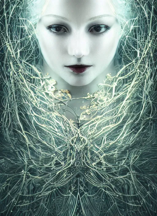 Image similar to book cover, glowing silver and golden elements, full close-up portrait, female portrait model from shutterstock as a dark evil looking witch, green forest, white moon, red lips, establishing shot, extremly high detail, photo-realistic, cinematic lighting, pen and ink, intricate line drawings, by Yoshitaka Amano, Ruan Jia, Kentaro Miura, Artgerm, post processed, concept art, artstation, matte painting, style by eddie, raphael lacoste, alex ross