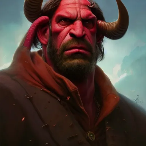 Prompt: breathtaking soft painting of angry hellboy with huge horns in a bloody sky, realistic symmetrical face features, rembrandt style, elegant, highly detailed, artstation, concept art, matte, sharp focus, art by tom bagshaw, and greg rutkowski