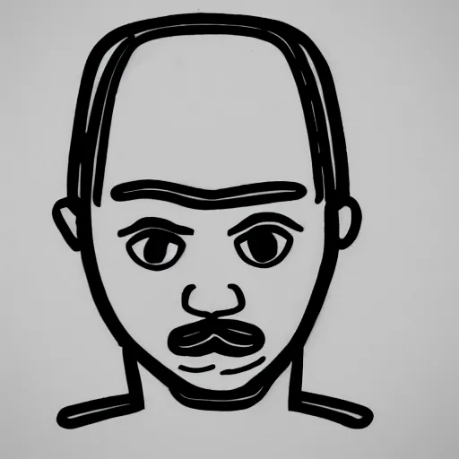 Image similar to hand - drawn minimalistic line portrait of bald man with round face, short beard, small round eyebrows, wide lips and kind blue eyes, black and white, pictogram, ink, pencil