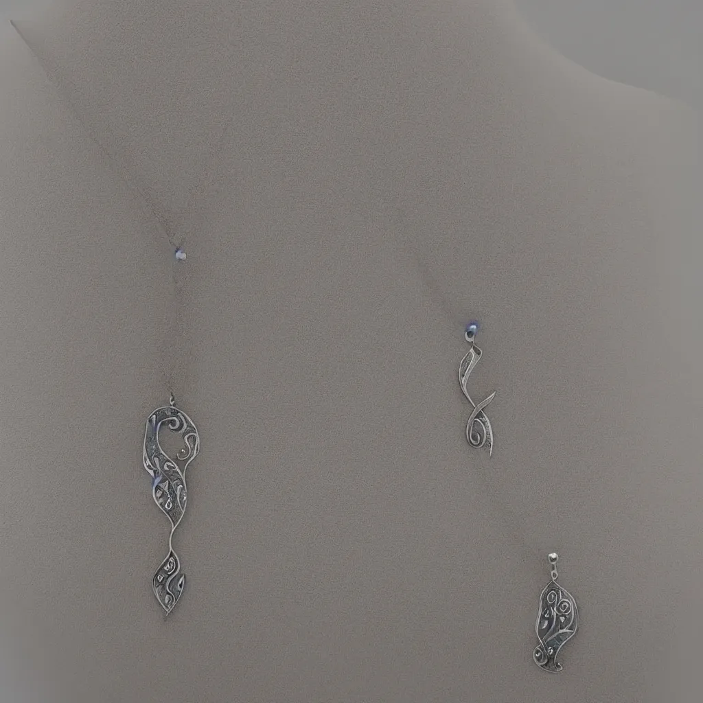 Prompt: Amulet Of Wave inlaid in silver, on a young beautiful woman neck, realistic, clean,