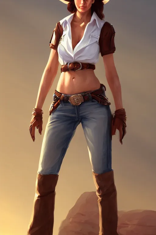 Image similar to full body, female cowgirl, perfect face, white blouse, holster, 8 k, magic the gathering, desert, d & d, artstation, high detail, smooth, sweaty character concepts by senior concept artist