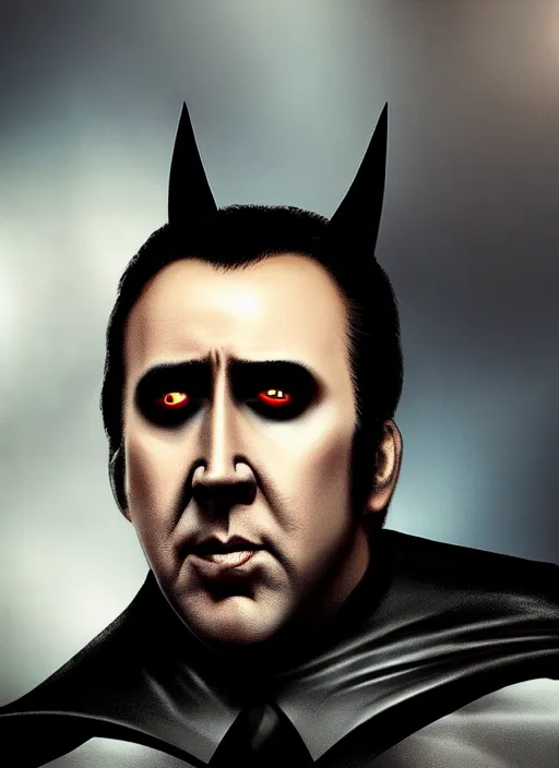 Prompt: promotional image of nicolas cage dressed as batman, smooth, trending on artstation, promotional artwork, film still, elegant, photorealistic facial features, intricate, detailed face, cinematic lighting