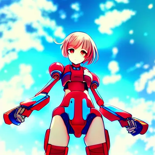 Image similar to digital anime art, wlop, rossdraws, sakimimichan, > > very small cute girl < < standing on a large table, red mech arms and red mech legs,