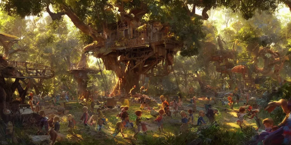 Prompt: The battle for the treehouse, kids trying to take a treehouse from another group of kids, artwork by Craig Mullins,Movie poster, detailed, trending on artstation, isometric