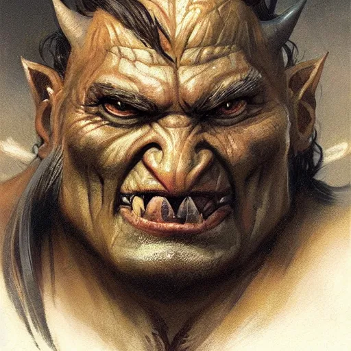 Image similar to a friendly orc taylor, close - up portrait, fantasy character portrait by greg rutkowski, gaston bussiere, larry elmore