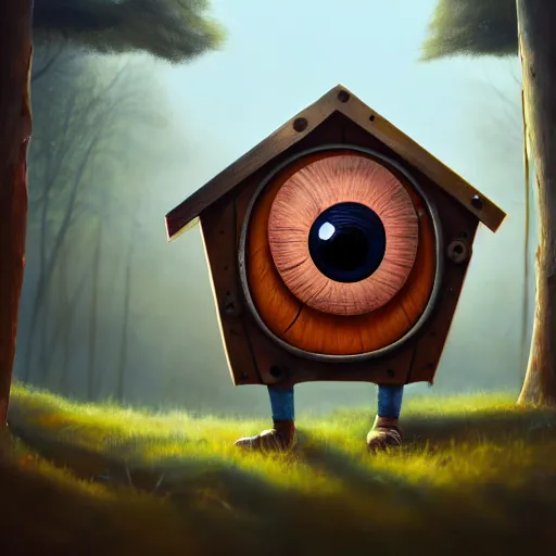 Image similar to a walking wood and metal house with two legs and one big eye, rust, hyperrealistic, highly detailed, cinematic, single ray of sun, morning, pareidolia, gravity falls style, red and blue, beautiful, cgssociety, artstation, 8 k, oil painting, digital art