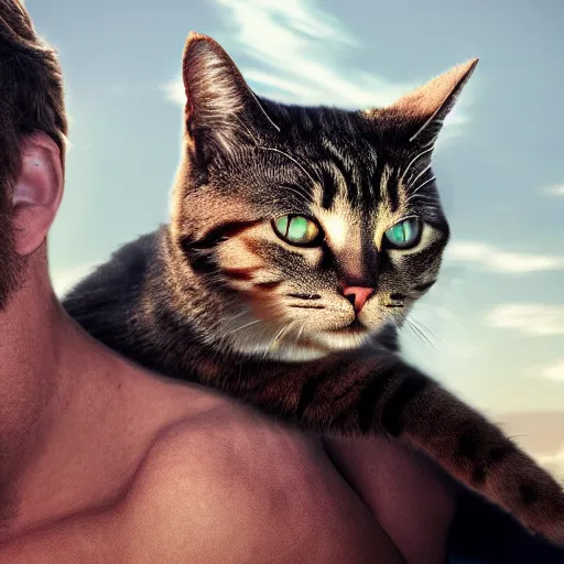 Prompt: cat - faced giant mans with his friend by his side, high definition movie, photorealistic detail, futuristic production, adventure movie, 8 k