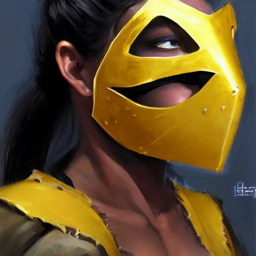 Image similar to greg manchess portrait painting of mileena from mortal kombat wearing a mask covering her mouth as overwatch character, medium shot, asymmetrical, profile picture, organic painting, sunny day, matte painting, bold shapes, hard edges, street art, trending on artstation, by huang guangjian and gil elvgren and sachin teng