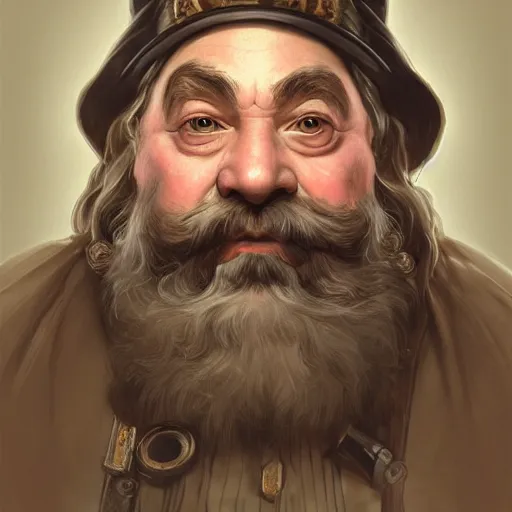 Prompt: 1800 vintage portrait of a grim steampunk dwarf with long brown beard, highly detailed, digital painting, art by Stanley Lau and Artgerm and magali villeneuve and Alphonse Mucha, artstation, octane render, cgsociety