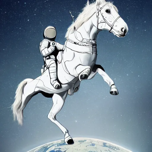 Prompt: illustration split in the middle horse on the top part astronaut on the bottom part astronaut below beautiful, high detailed, illustration artstation, shaped picture, sci - fi, futuristic