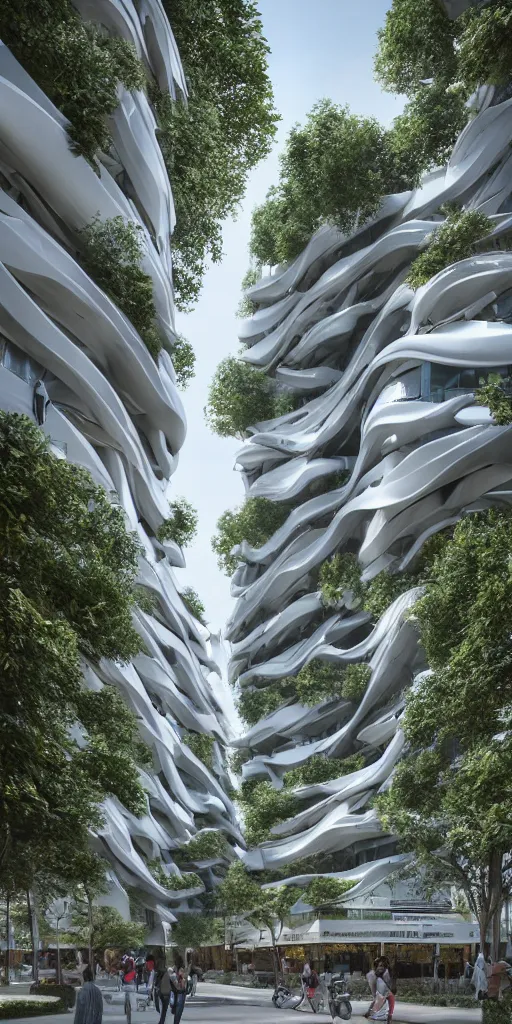 Prompt: street view of organic building in city designed by zaha hadid with trees and people walking, cinematic, night time photograph, cinematic lighting, vfx film, ultrarealistic, artstation trending, 8 k