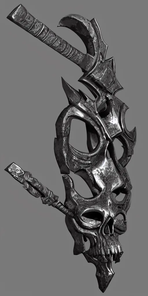 Image similar to a black and silver axe skull crest, ornament, weapon, render by dom qwe, trending on polycount, artstation, hard surface modeling, zbrush