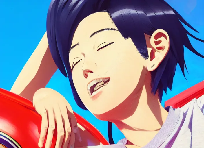 Image similar to closeup portrait of kyoka jiro from my hero academia relaxing in jeans and a t - shirt on a floating pool chair, sunny, bright, reflections, intricate, sharp focus, lens flare, bloom, illustration, highly detailed, digital painting, concept art, matte, art by ruan jia and wlop and greg rutkowski, masterpiece