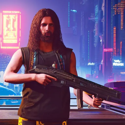 Prompt: Jesus in Cyberpunk 2077 with a pistol, Orthodox icon , concept art, unreal engine, 4k render, global illumination, blender, cycles, featured on artstation, pixiv