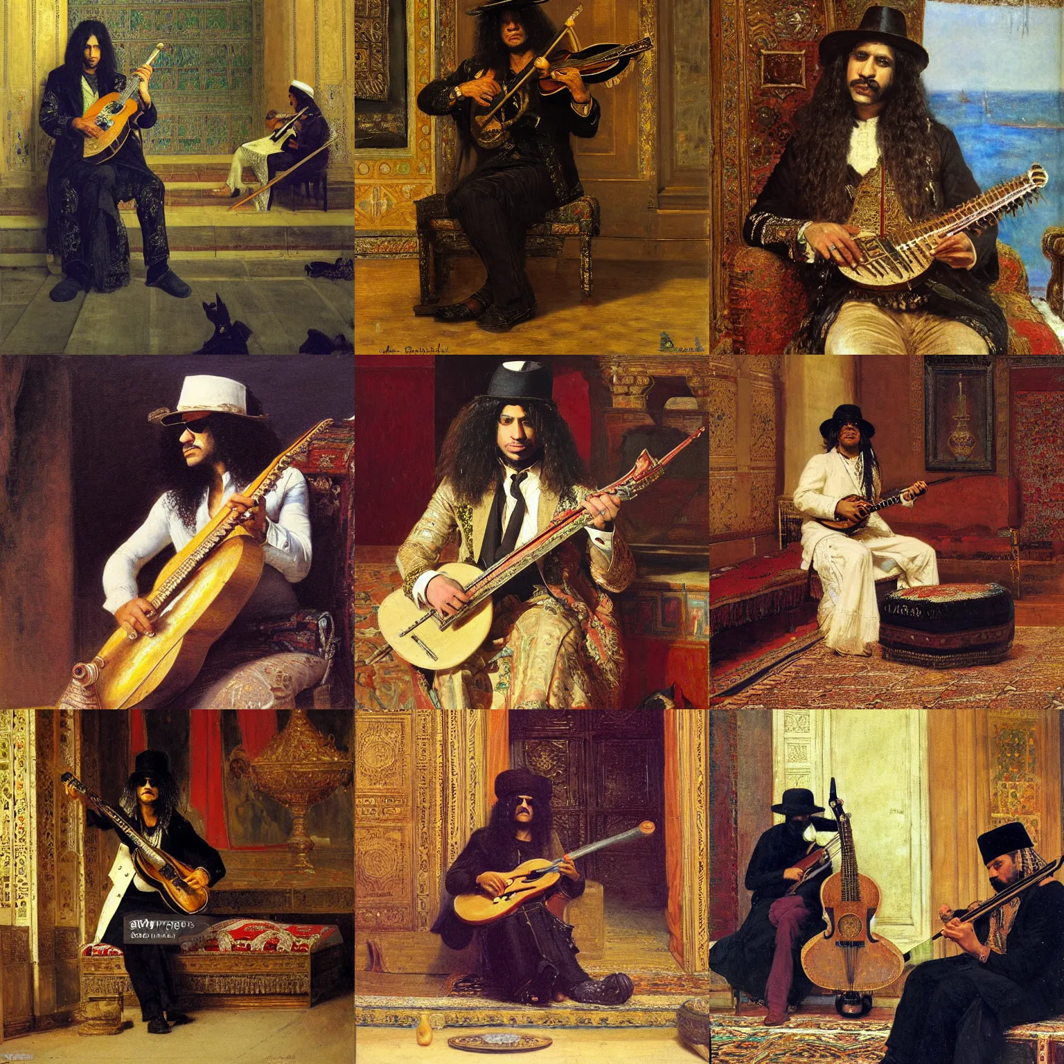 Prompt: detailed portrait of slash playing the oud in the ottoman palace by rudolf ernst, john frederick lewis, jean - leon gerome, rudolf weisse, david roberts, charles theodore frere, alfred dehodencq, orientalism