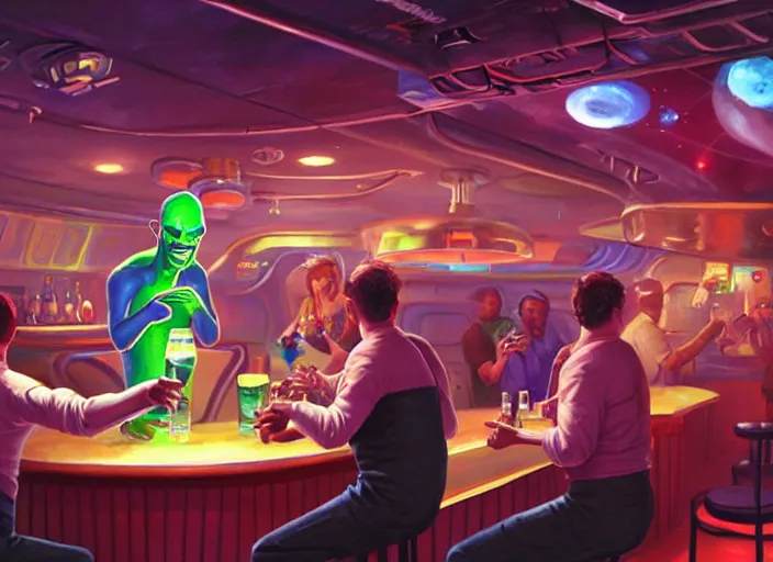 Prompt: crowded dive bar on a space station. an alien bartender serves a drink to a drunk human. painting by dan volbert and mandy jurgens and deiv calviz and lim chuan shin