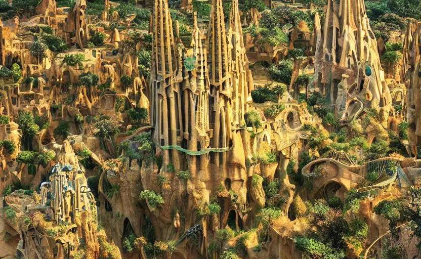 Image similar to a film all of a heavenly city with lush walkways, beautiful bioarchitecture design by kedem pitsou, m. c. escher, gaudi sagrada familia, and bisti badlands, emerald gold and beksinski, highly detailed, bokeh, beautiful, artstation