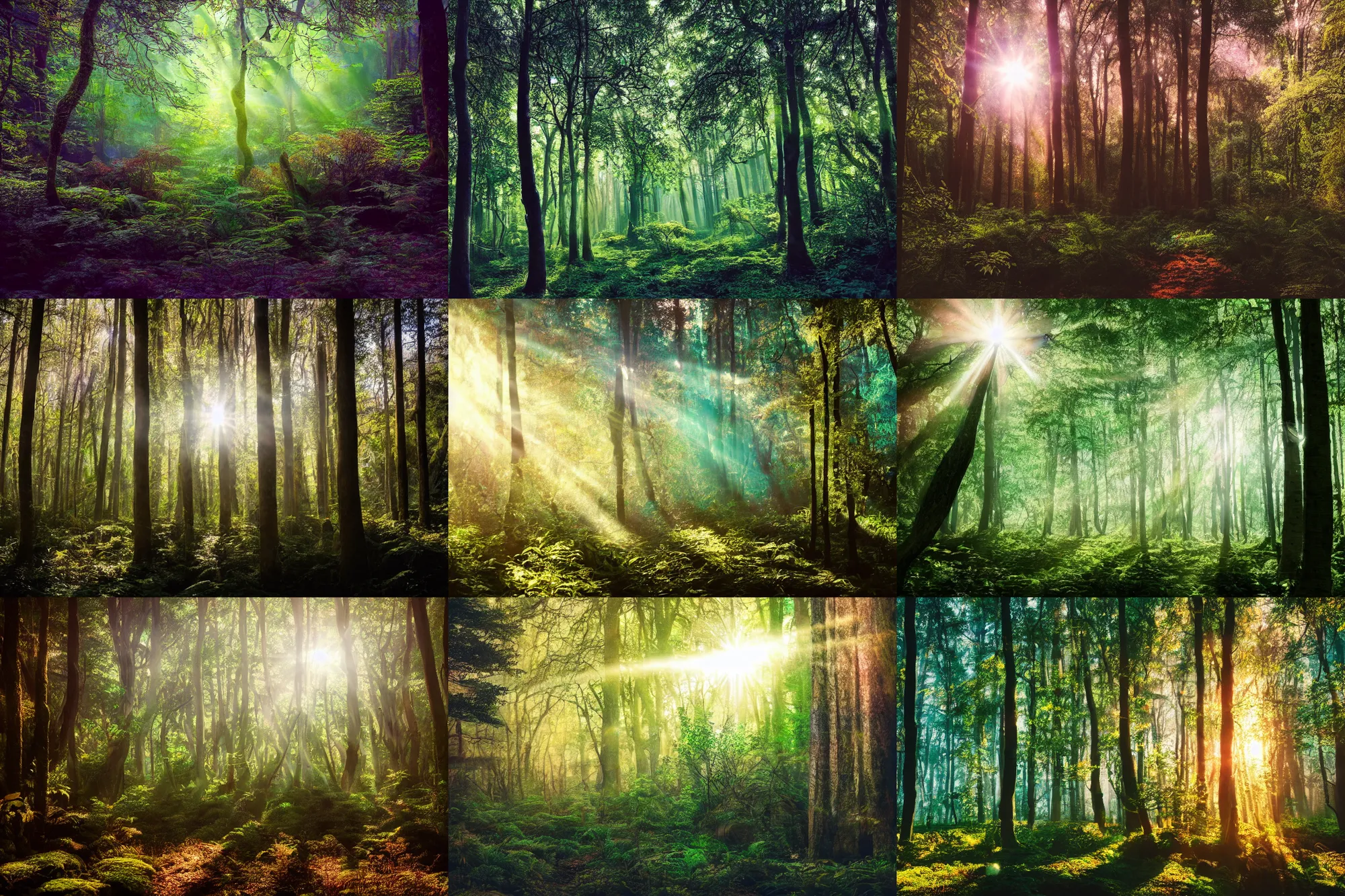 Prompt: photo of a beautiful magical fantasy forest, with sunlight filtering through the trees, dense, verdant, surrounded by beautiful iridescent bushes, stunning opalescent trees, 35mm photo, award-winning magazine cover photo, nature photography, cinematic, dramatic, establishing shot