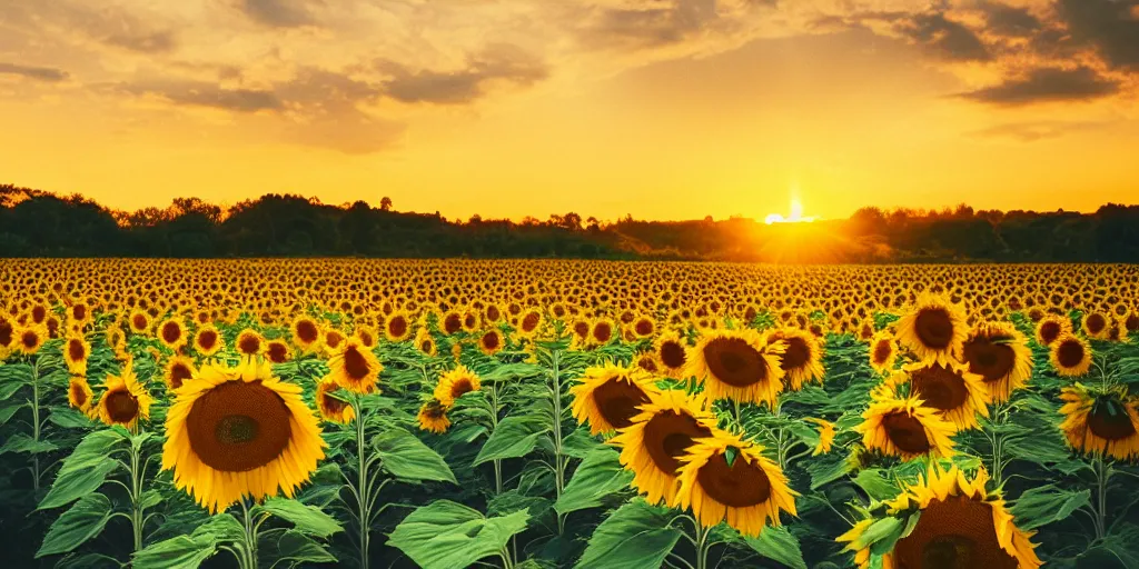 Prompt: a beautiful landscape photo of sunflowers, cinematic atmospheric golden hour