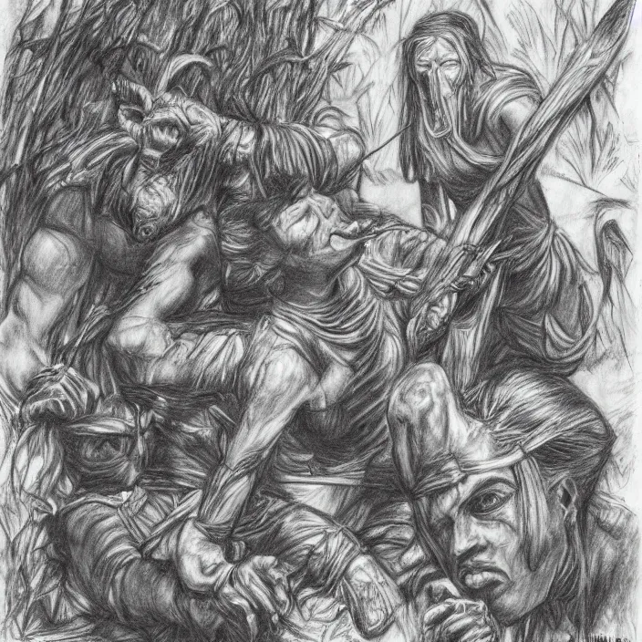 Image similar to The mummy touches the warrior's head , in jungle, pencil drawing