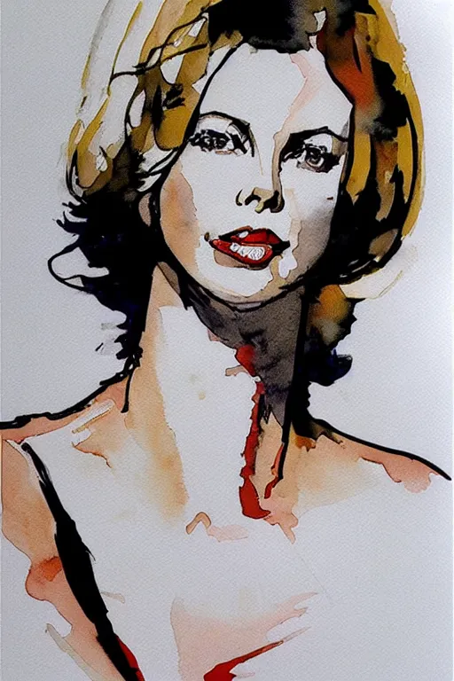 Image similar to beautiful portrait of Charlize Theron by Milo manara and David downton, colorless, silent, watercolor