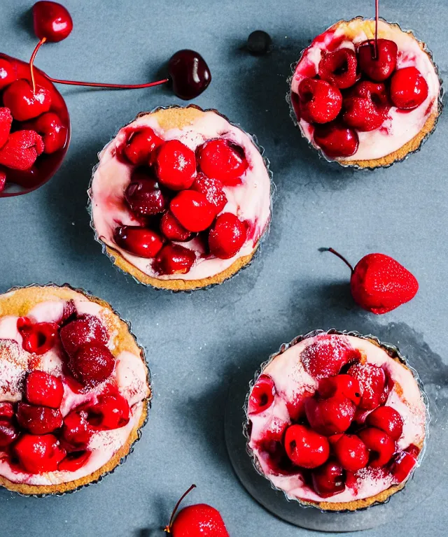 Image similar to high quality presentation photo of stawberry and cherry cheesecake, photography 4k f1.8 anamorphic bokeh 4k Canon Nikon
