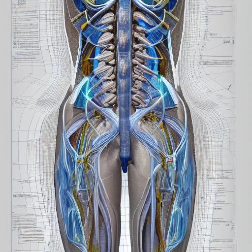 Prompt: a concept of a detailed and intricate design of a full body of human anatomy, 3 d design, great finesse organic hyper detailed, engineering blueprints, technical drawings, calculus, stained paper, hyperrealistic, ultra detailed, 4 k, octane render, unreal engine