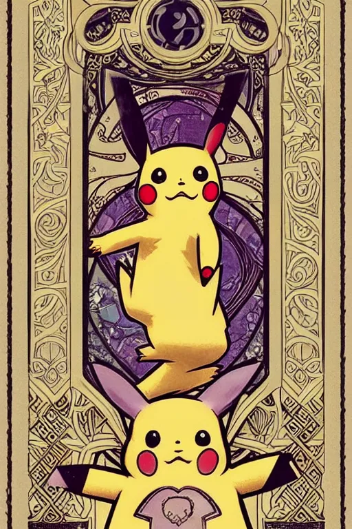 Image similar to Pikachu tarot card, art nouveau style, painterly, digital art, ornate borders, intricate details, dream atmosphere, light toned, pastel colors, cute, adorable, concept art, Pixiv, Deviantart, Behance, trending on artstation, by Naoki Saito and James jean and James Gurney and Alphonse Mucha