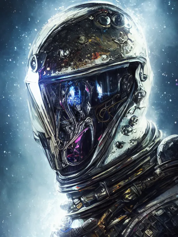 Prompt: portrait art of 8k ultra realistic undead retro futuristic astronaut vampire king , galaxy reflected in helmet , detailed intricate ornate armour,corrupted, cybernetic, full of colour, cinematic lighting, battered, trending on artstation, 4k, hyperrealistic, focused, extreme details,unreal engine 5, cinematic, masterpiece, art by ayami kojima, giger