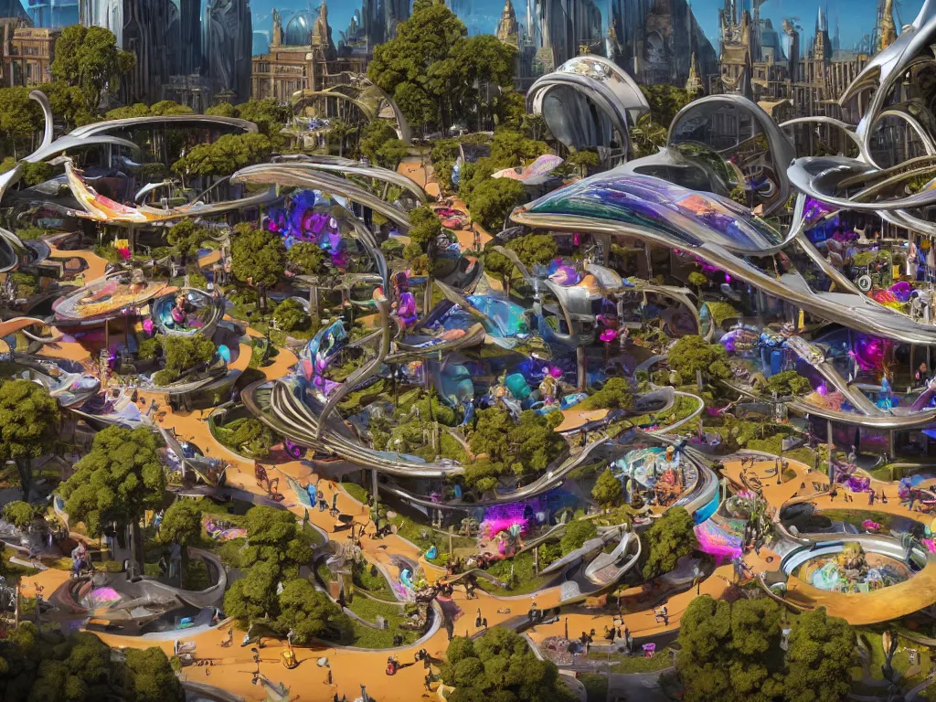 Image similar to a busy elaborate ornate outdoor science museum, cinematic, shadows, 4 k, detailed, by zaha hadid and lisa frank and peter jackson and ridley scott and beeple and greg rutowski