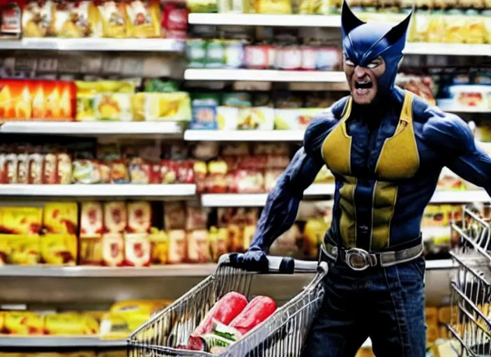 Image similar to film still of Wolverine going grocery shopping in the new X-Men movie, 4k