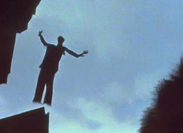 Image similar to a still from a color 1 9 8 5 film with a man floating 1 0 feet above the ground at night with a single raised arm, rear shot