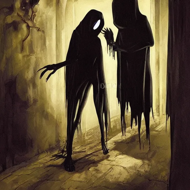 Image similar to a strange creature greeting a female explorer in a dining room, haunted house, masterpiece, grasping pseudopods, rhads!!!, magical realism, urban fantasy, a hooded figure, a fierce woman, ( h. r. giger )