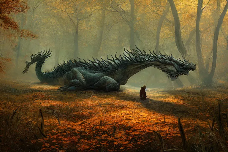 Prompt: hyper realistic photography of sleeping dragon in the autumn forest moebius, craig mullins, simon stalenhag, jakub rozalski