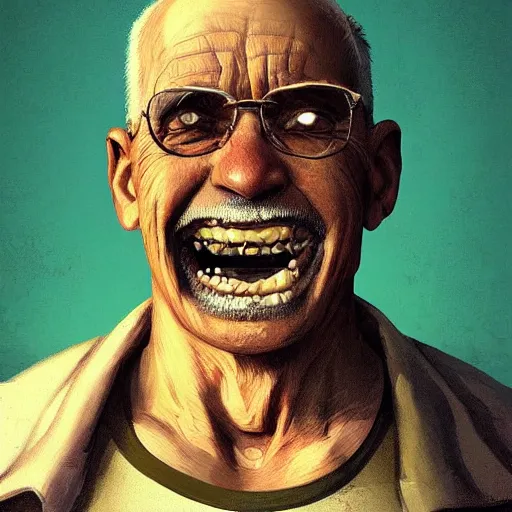 Image similar to old man portrait, face smiling, golden teeth, grenade in mouth, flat background, greg rutkowski gta san andreas art